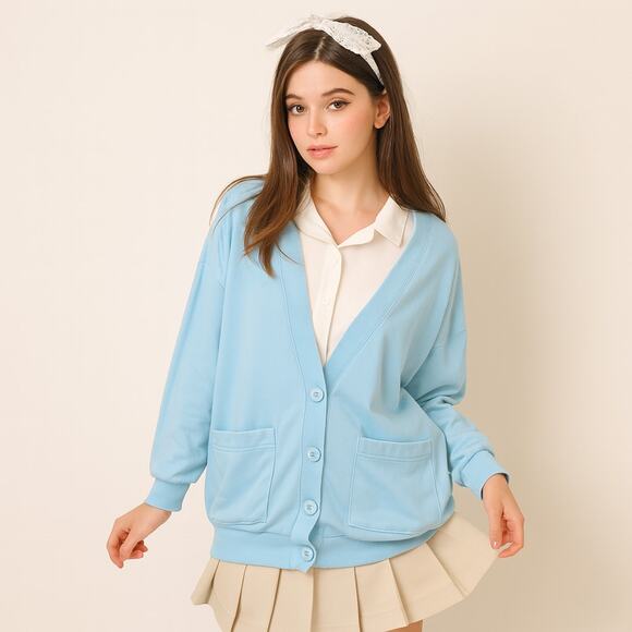 Pickett Smith Oversized Cardigan Size S Light Blue Deep V-neck Preppy Academia - Picture 1 of 12